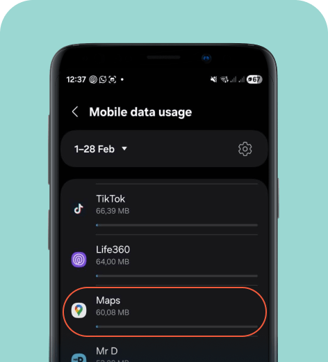 Android cell phone screen displaying the Mobile Data