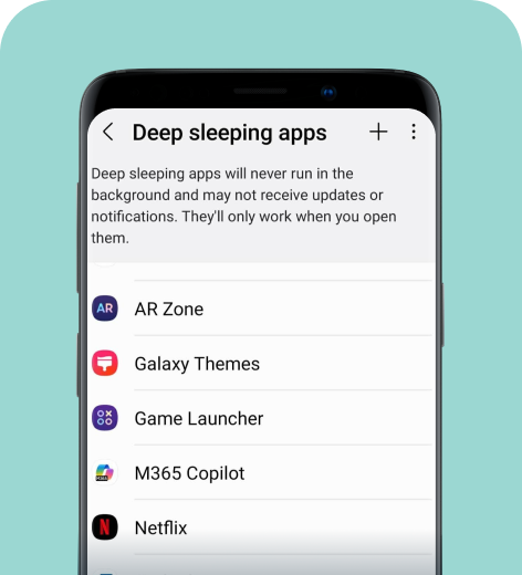 Samsung cell phone screen displaying Deep sleeping apps settings.
