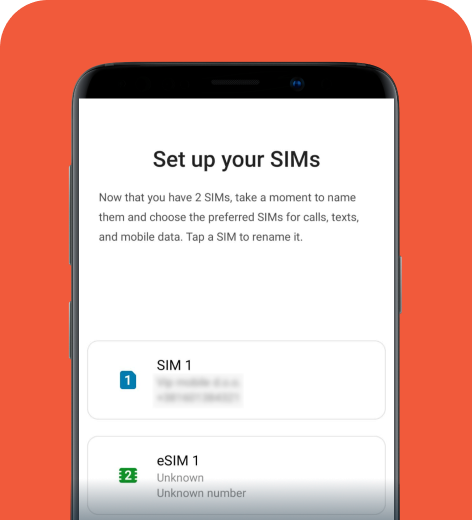 Android cell phone screen displaying the options for setting up your SIM and eSIM.