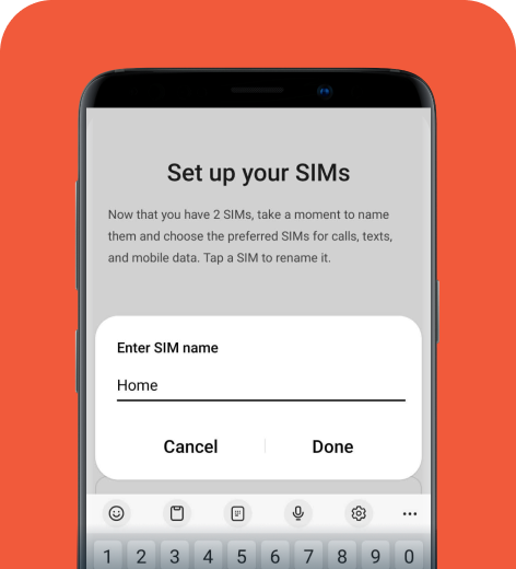 Android cell phone screen displaying the holiday.com app options for renaming your SIM.