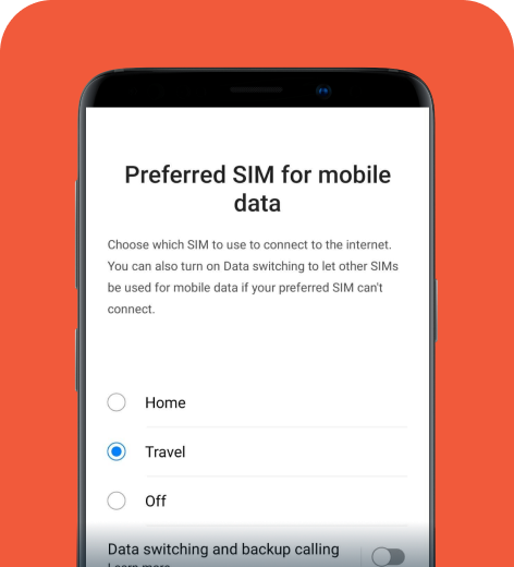 Android cell phone screen displaying the holiday.com app options for assigning a SIM for data.