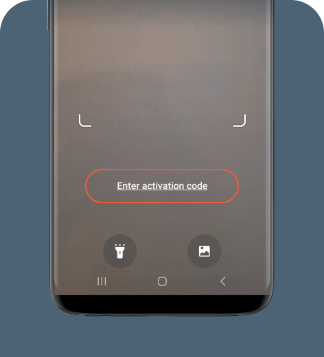 Android cell phone screen displaying the Scan QR code and Enter activation code options.