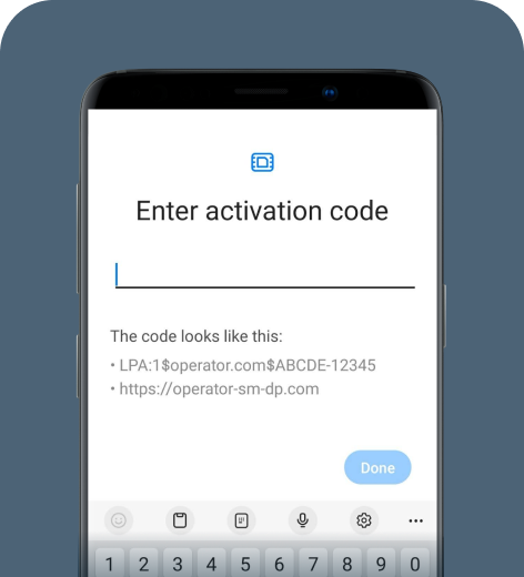 Android cell phone screen displaying the Enter activation code field.