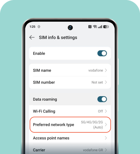 Android screen displaying SIM info & settings.