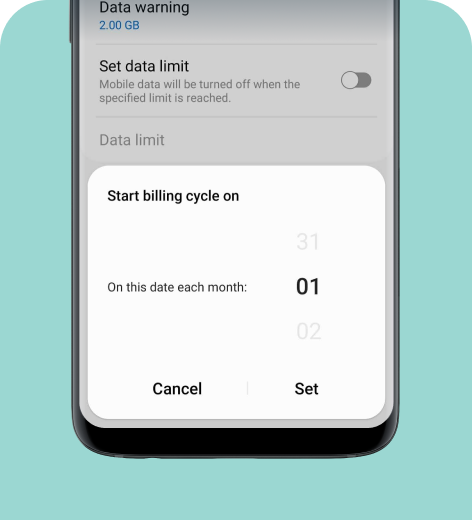 Samsung cell phone screen displaying the Billing cycle and data warning options.