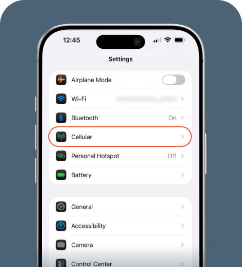 iPhone cell phone screen displaying the Settings menu.