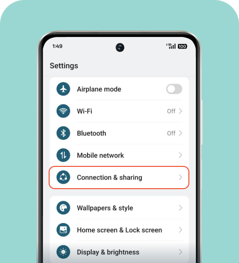 Android cell phone screen displaying the Settings menu.