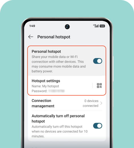 Android cell phone screen displaying the Personal hotspot settings.