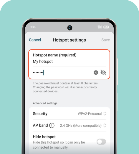 Android cell phone screen displaying the Hotspot settings menu.